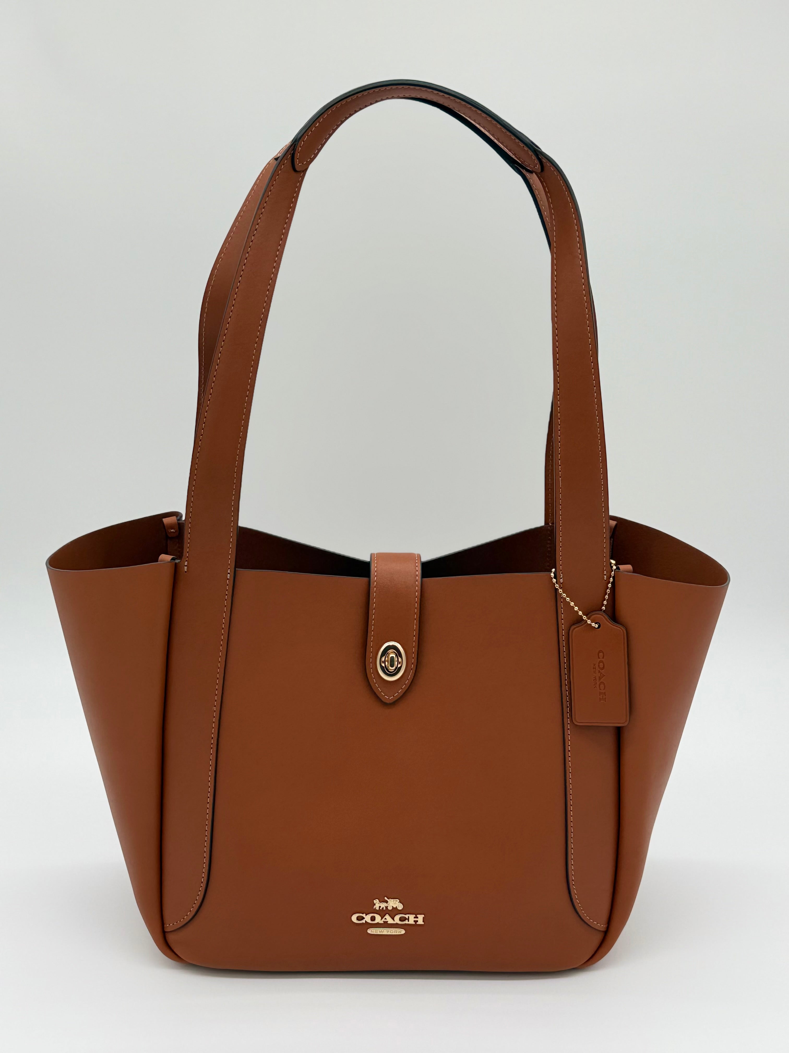 バッグ COACH Signature Gallery Tote Turn Lock Coach Tote Bag Gold Brown - Hadley Turnlock Leather – Maison Deluxe