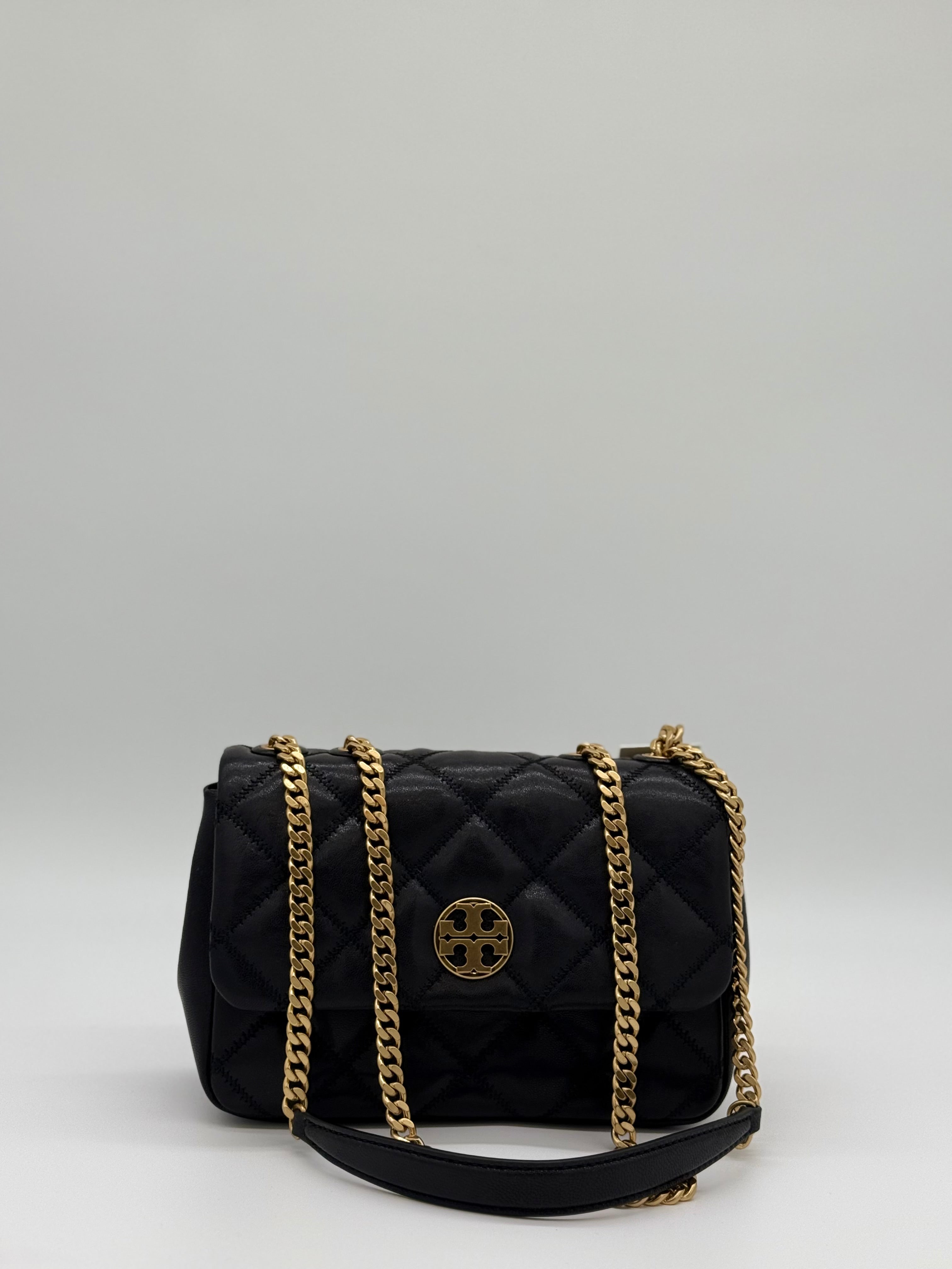 Tory Burch Willa Small Shoulder Bag – Schulterriemen mittig, Gold-Leder-Kombination