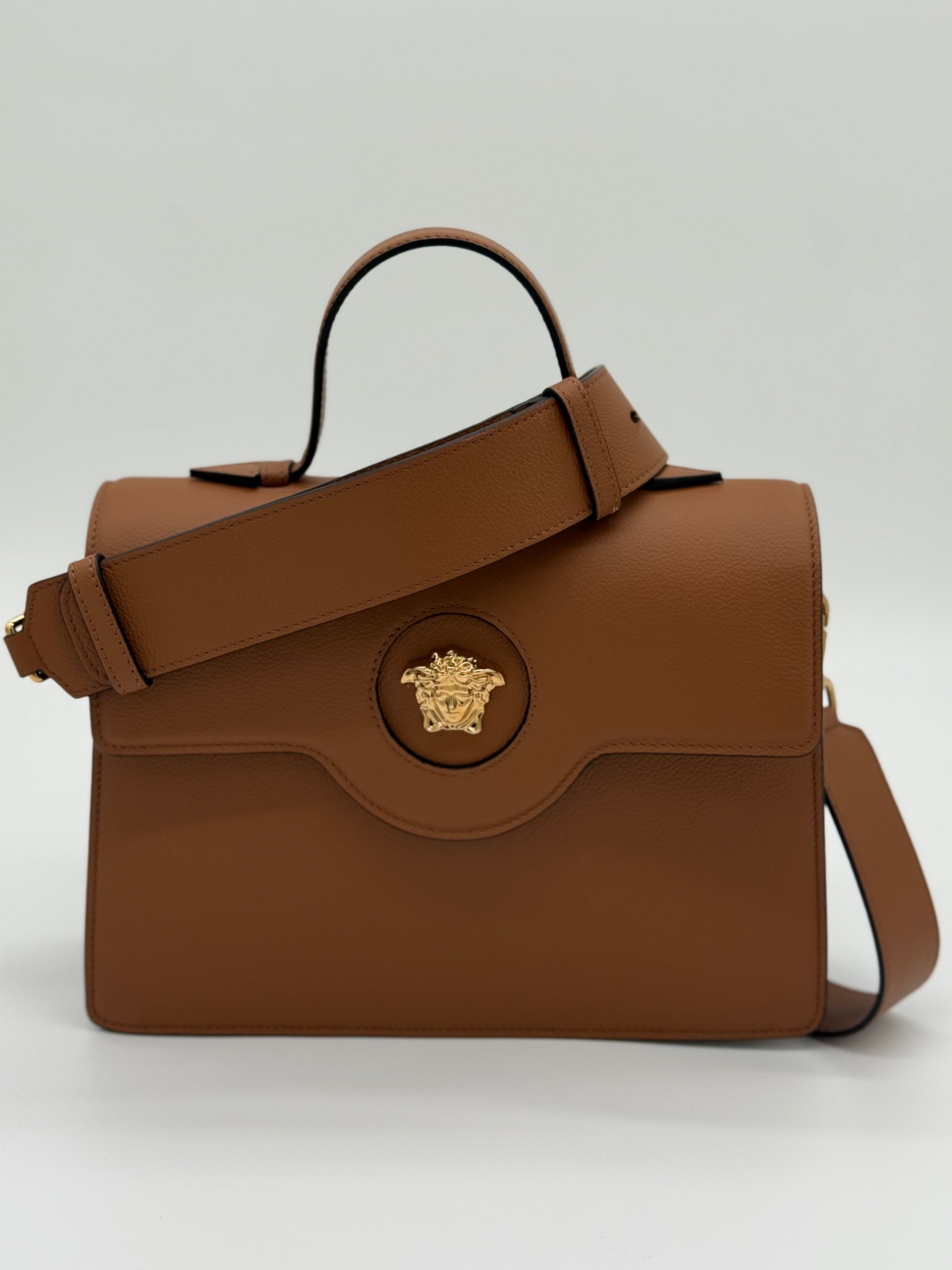 Versace La Medusa Handbag Karamell – Schulterriemen, Detailansicht oben links